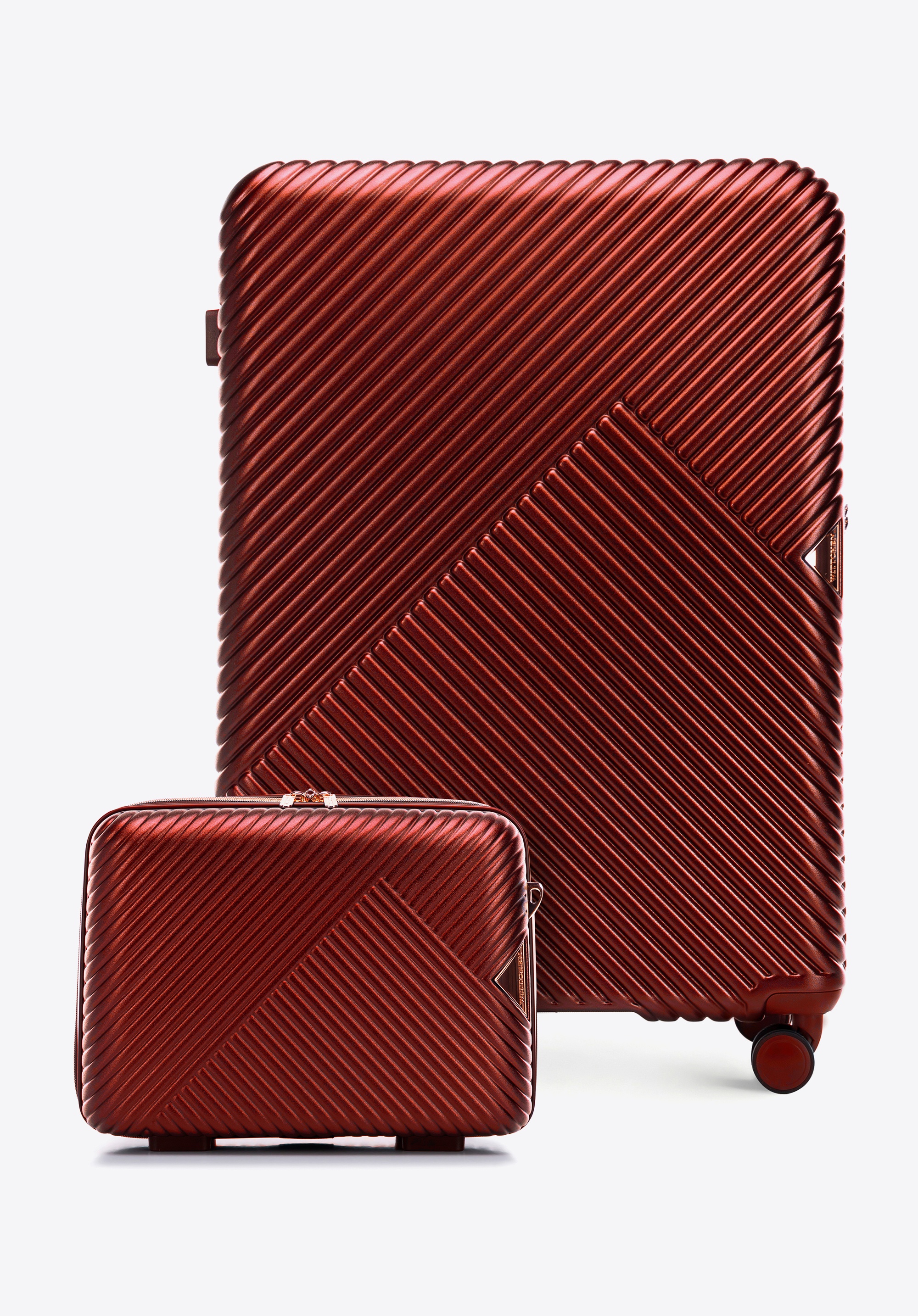 Large polycarbonate suitcase and cosmetic case with a striped design, burgundy, 56-3P-843-35K, Photo 1