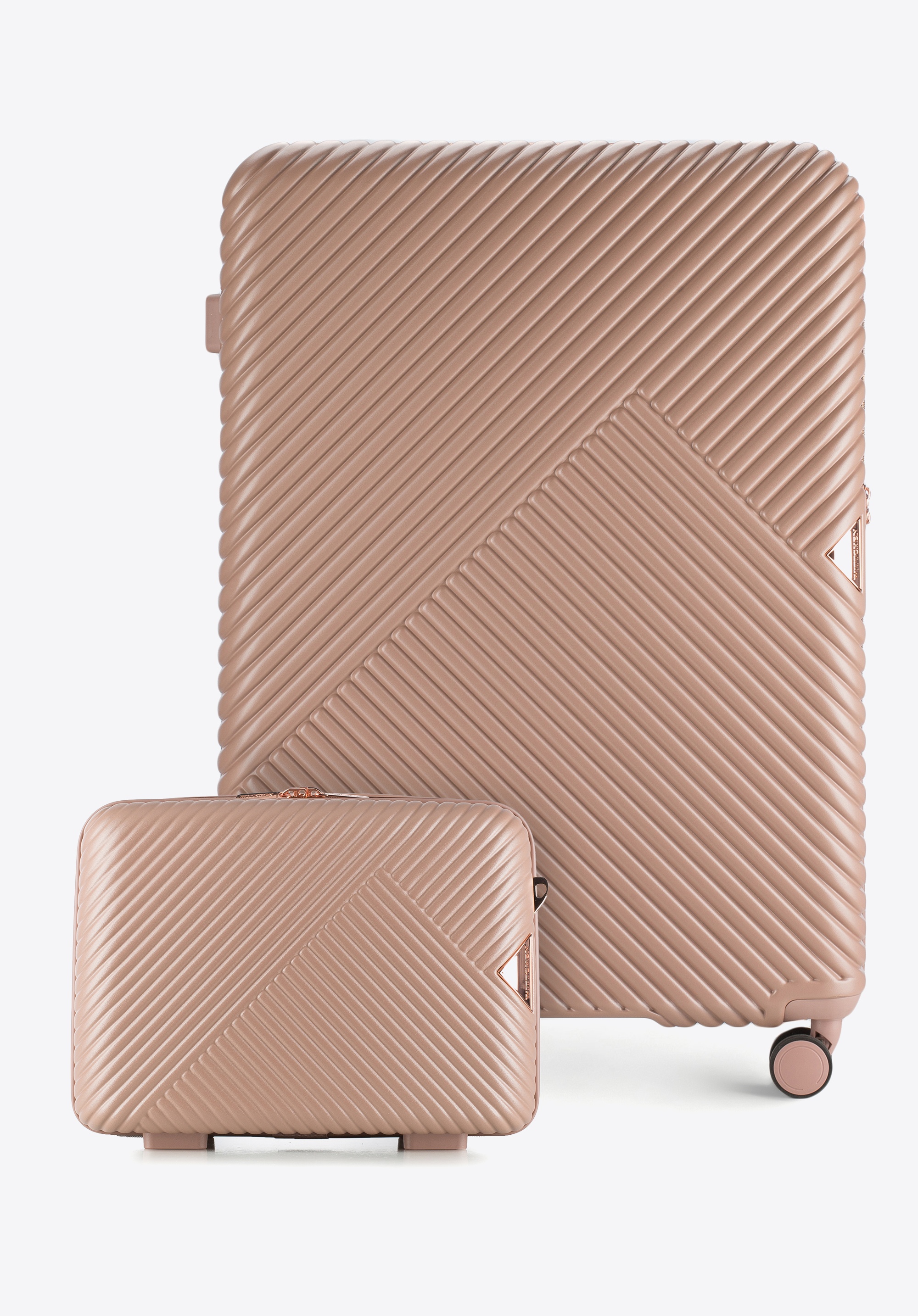 Large polycarbonate suitcase and cosmetic case with a striped design, powder pink, 56-3P-843-77K, Photo 1