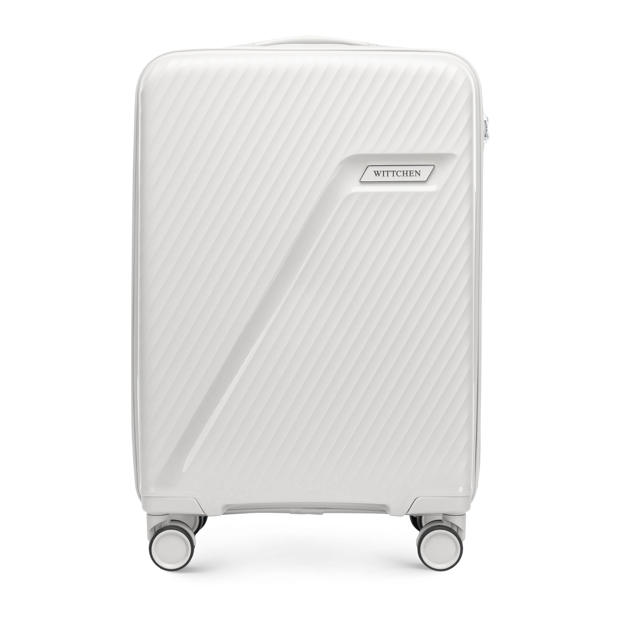 Malý polypropylénový kufor s diagonálnymi pruhmi, biele a strieborné 56-3T-501-89