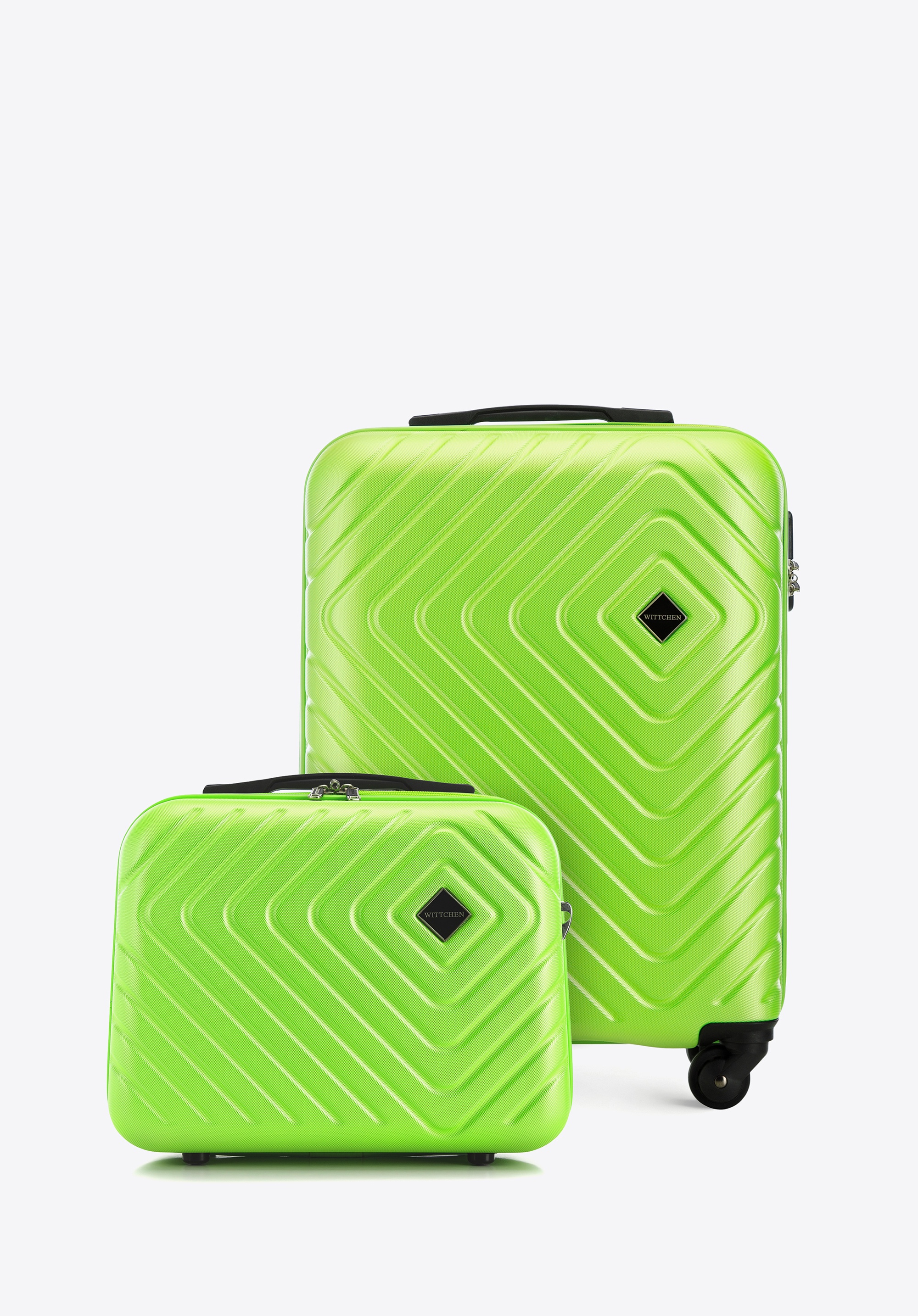 Walizka kabinowa i kosmetyczka z ABS-u z geometrycznym tłoczeniem, limonkowy, 56-3A-751-86K, Zdjęcie 1