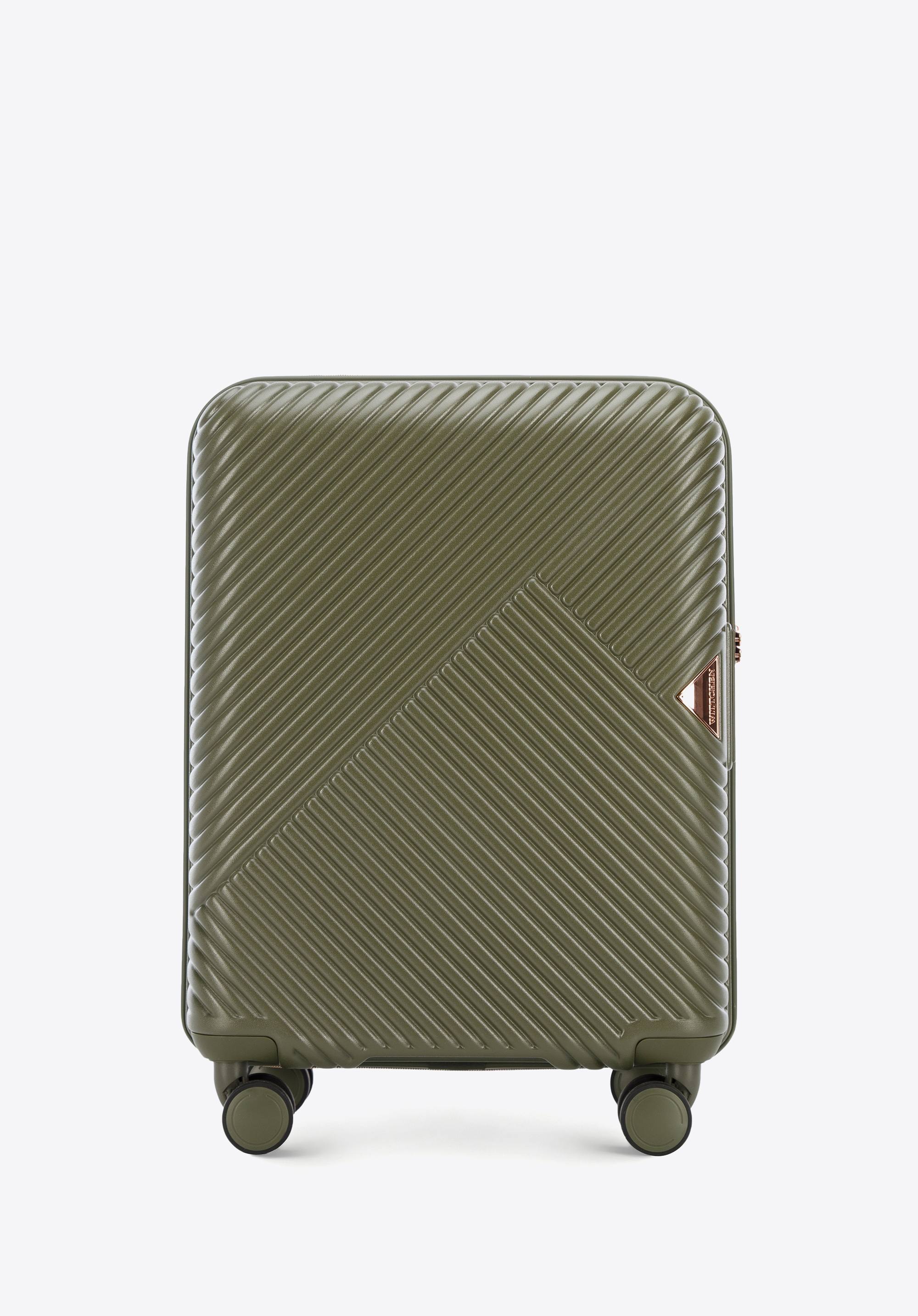 Walizka kabinowa i kosmetyczka z polikarbonu w paseczki, oliwkowy, 56-3P-841-85K, Zdjęcie 1