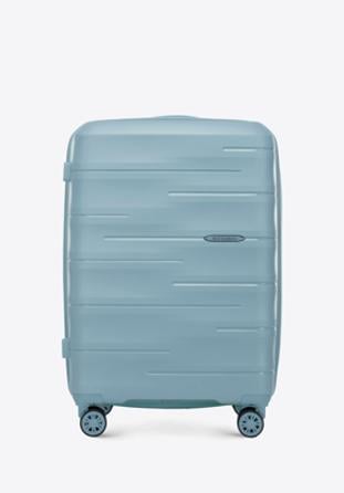 Średnia walizka z polipropylenu w tłoczone paski, niebieski, 56-3T-142-B-01, Zdjęcie 1