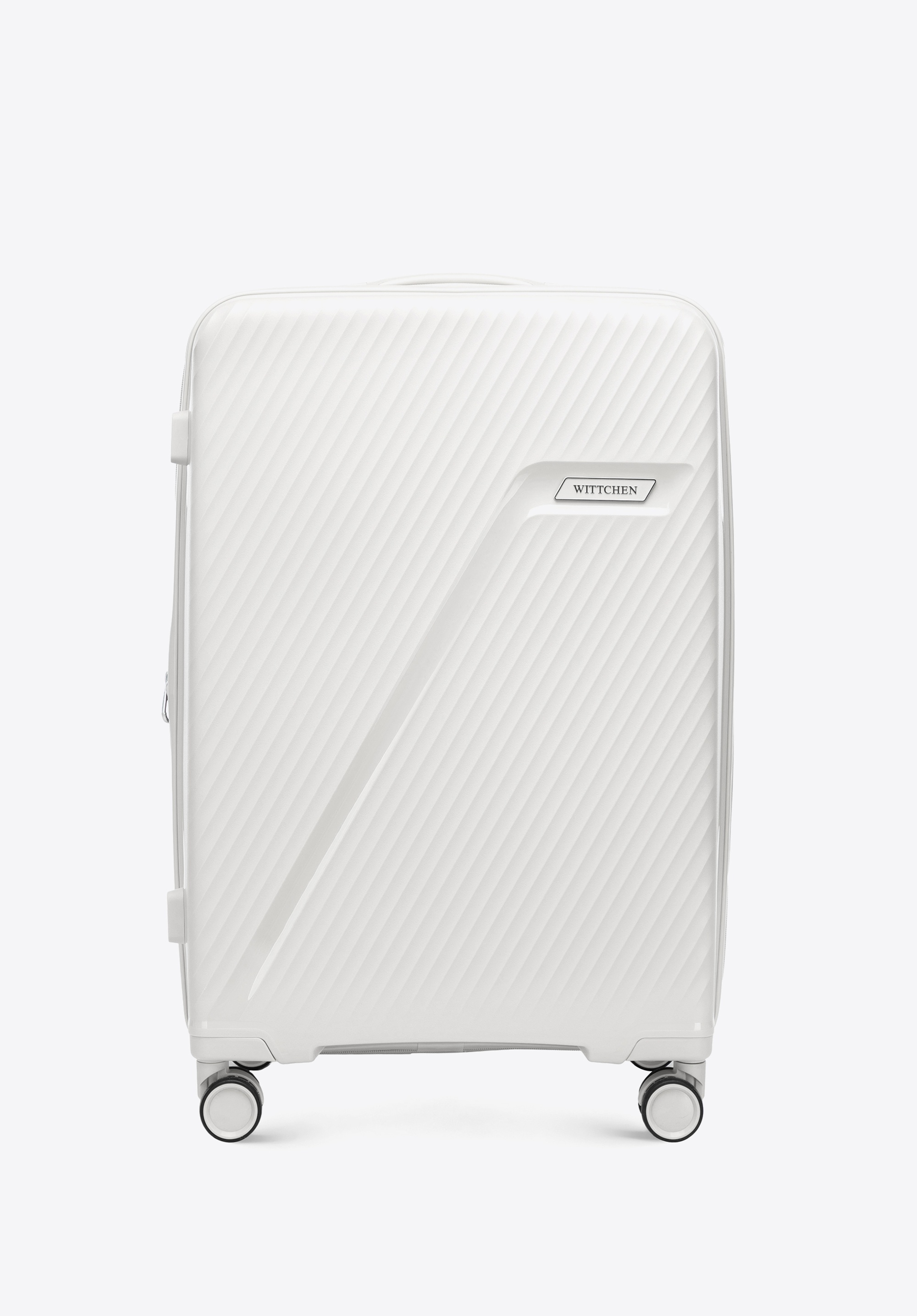 Średnia walizka z polipropylenu w ukośne pasy, biało-srebrny, 56-3T-502-89, Zdjęcie 1