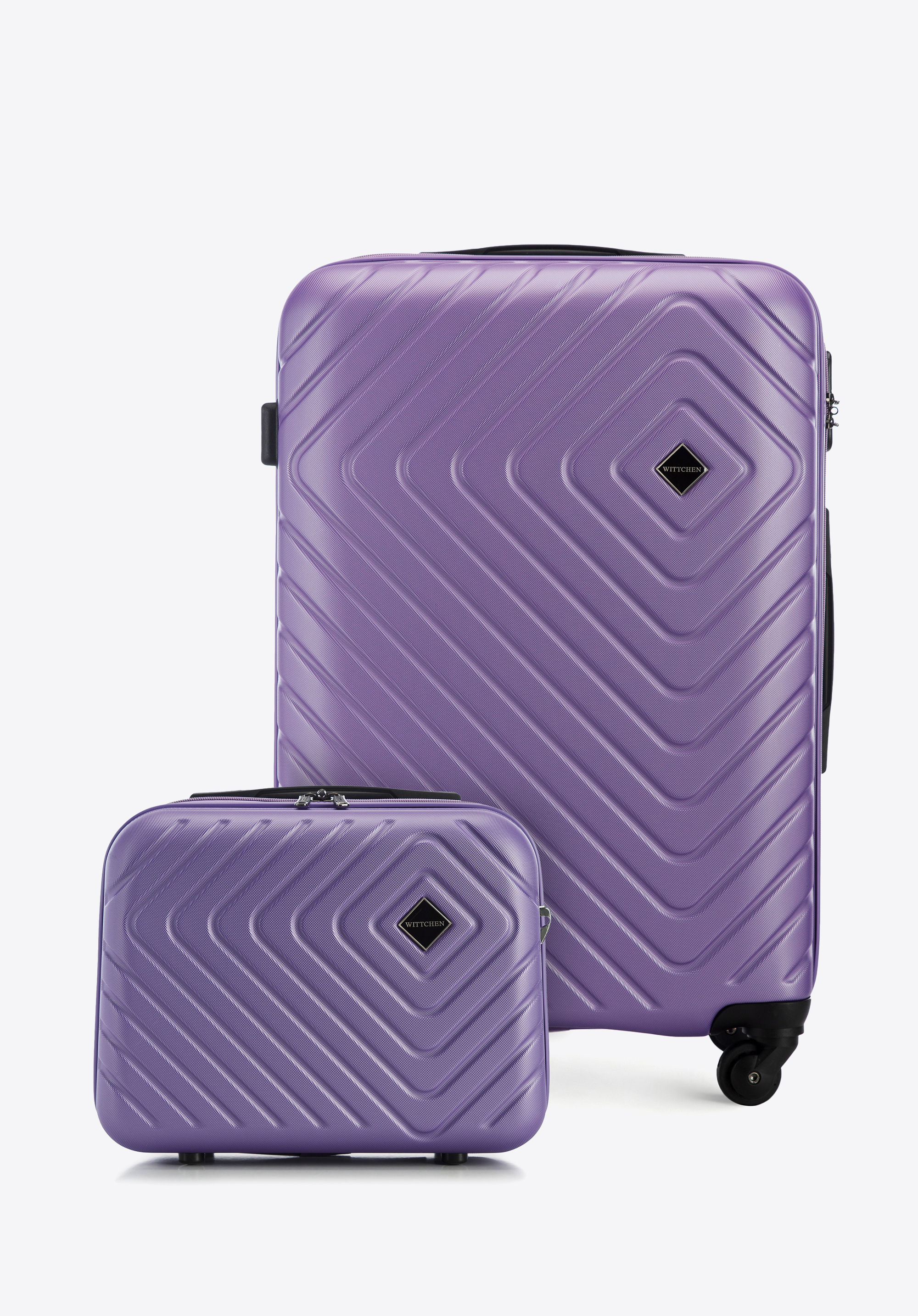 Średnia walizka i kosmetyczka z ABS-u z geometrycznym tłoczeniem fioletowe