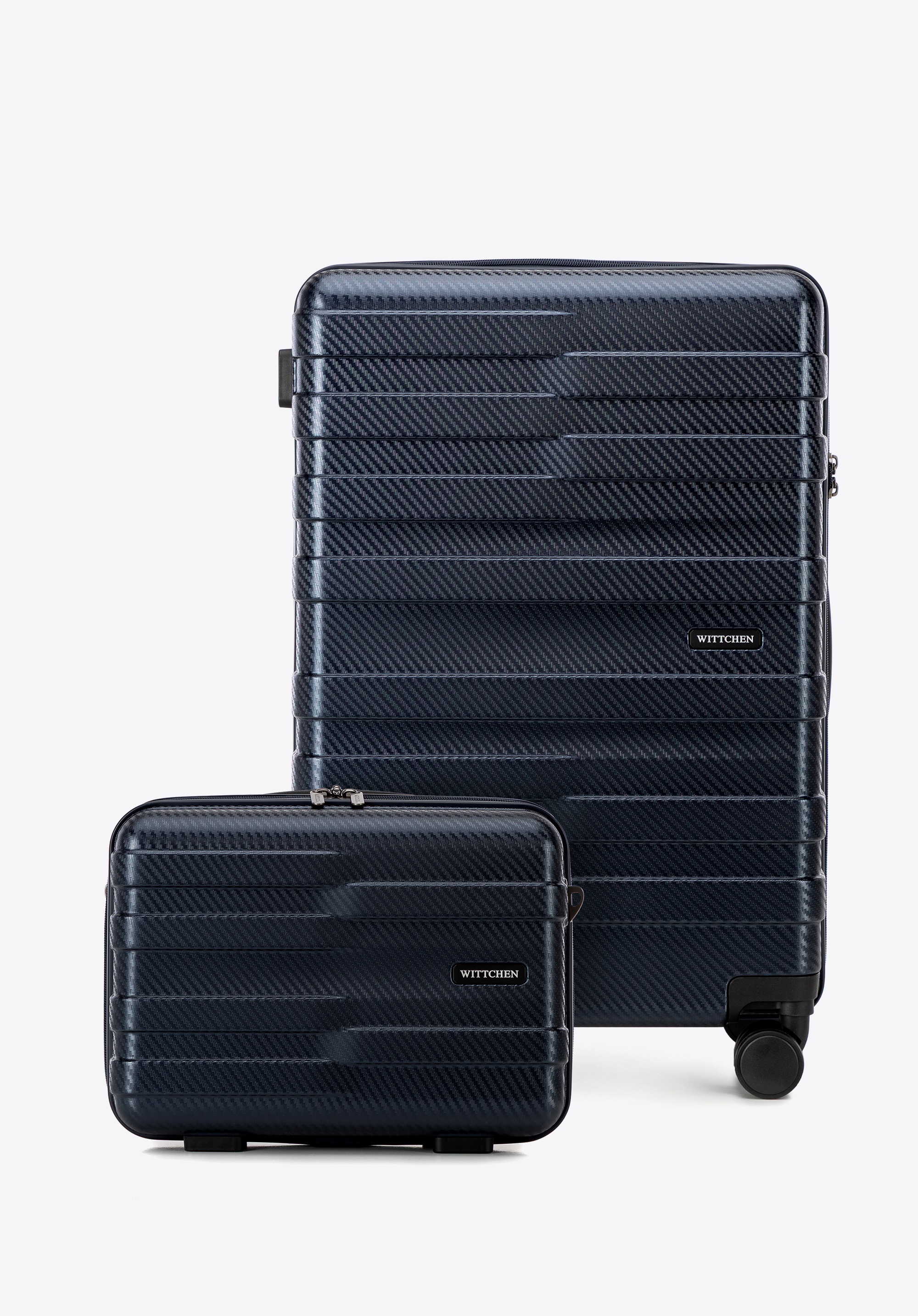 Średnia walizka i kosmetyczka z polikarbonu w poziome pasy, granatowy, 56-3P-582-90K, Zdjęcie 1