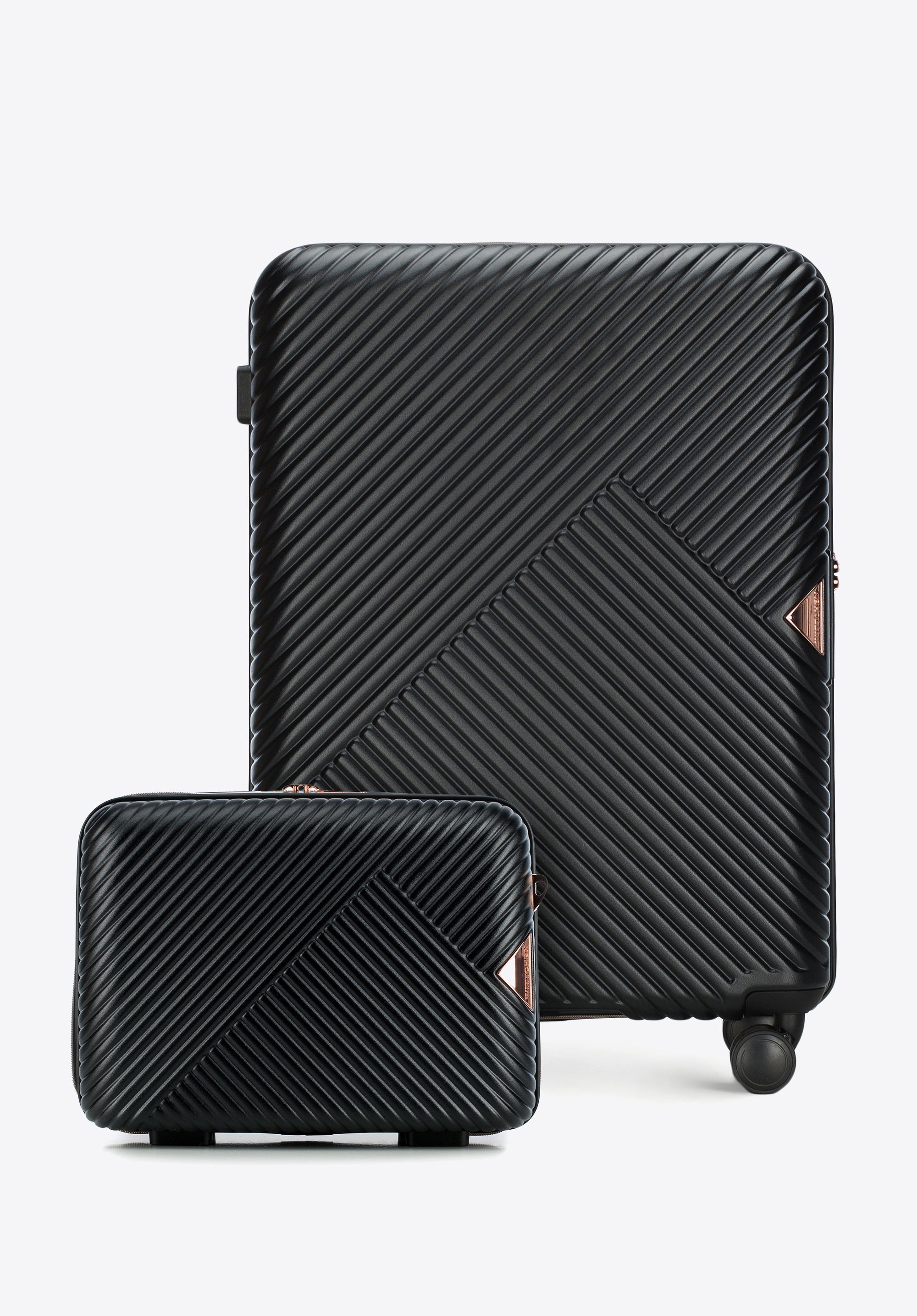Polycarbonate medium suitcase and cosmetic case with a striped design, black, 56-3P-842-10K, Photo 1