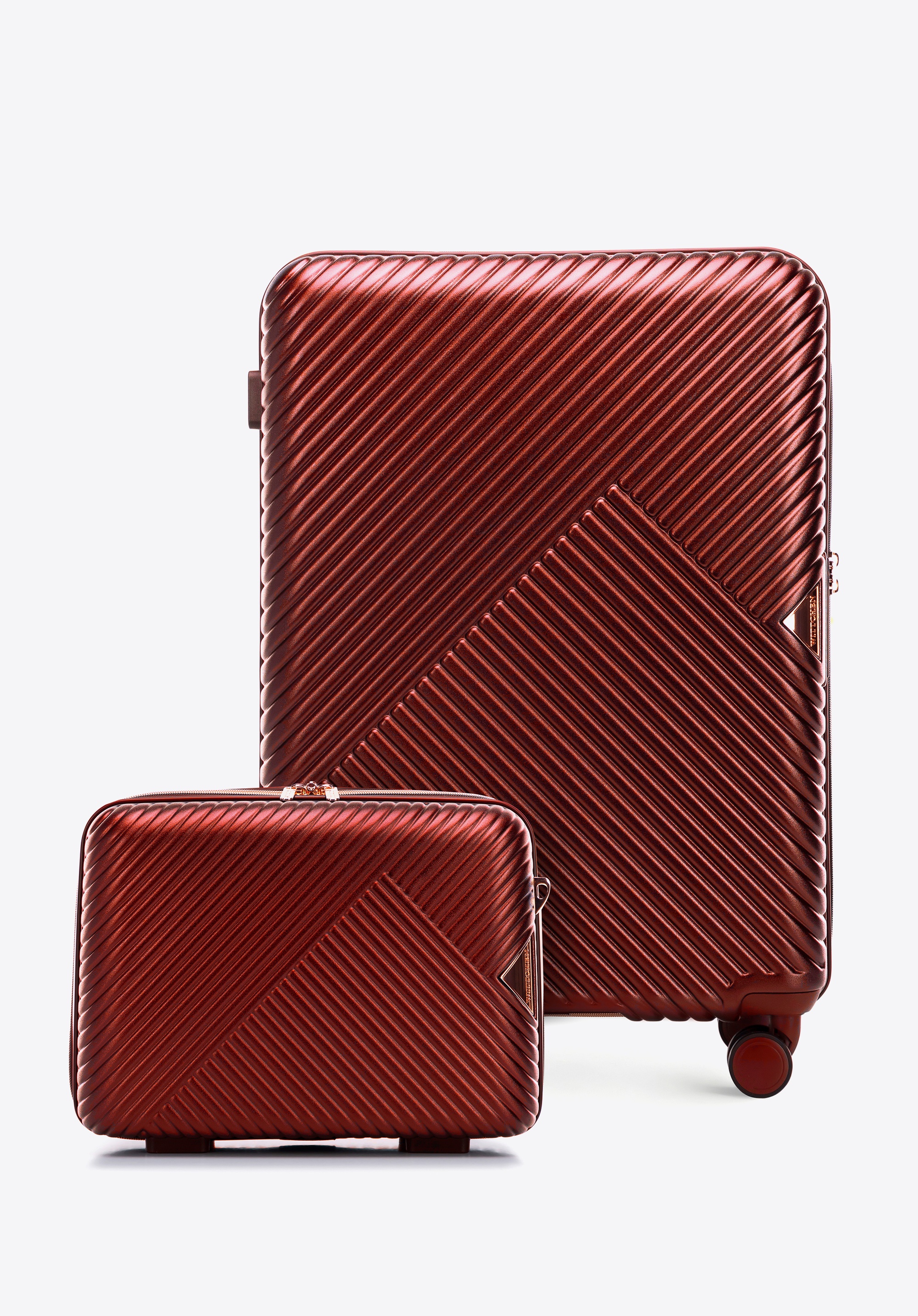 Polycarbonate medium suitcase and cosmetic case with a striped design, burgundy, 56-3P-842-35K, Photo 1