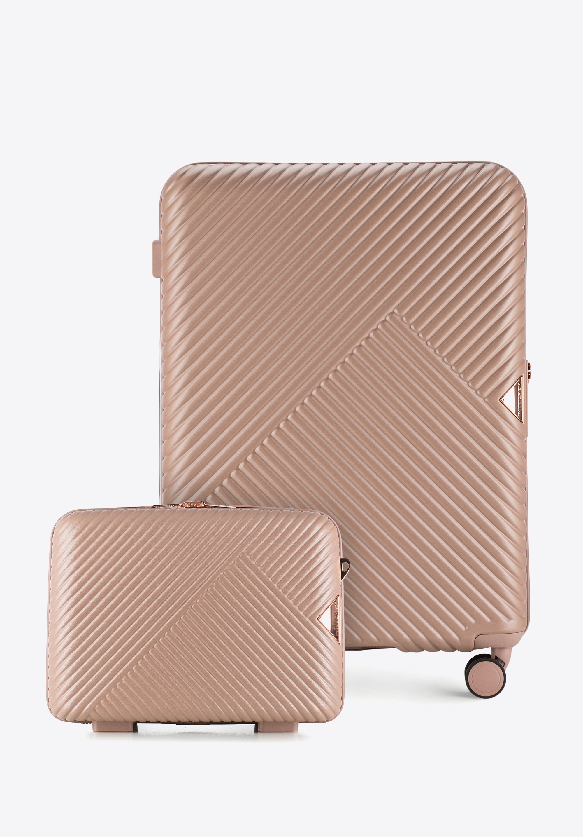 Polycarbonate medium suitcase and cosmetic case with a striped design, powder pink, 56-3P-842-77K, Photo 1