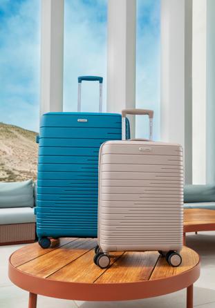 Medium-sized suitcase with glistening straps
