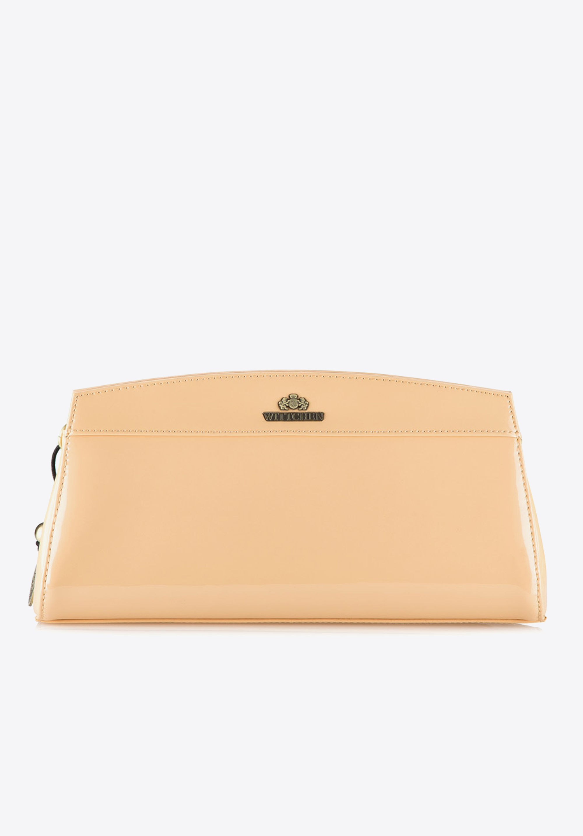 Wieczorowa torebka ze skóry lakierowanej trapezowa, beżowy, 25-4-516-B, Zdjęcie 1