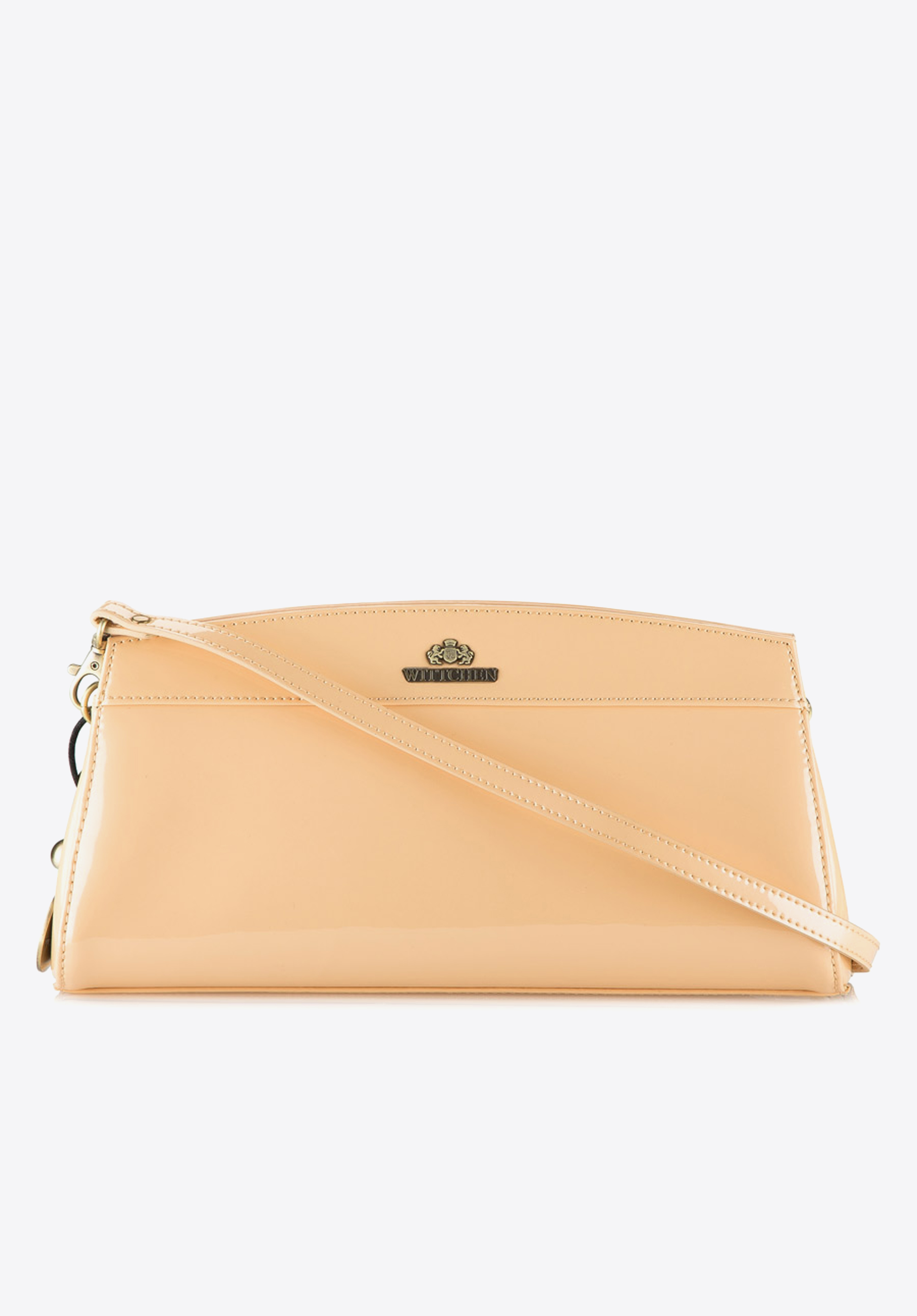 Wieczorowa torebka ze skóry lakierowanej trapezowa, beżowy, 25-4-516-B, Zdjęcie 1