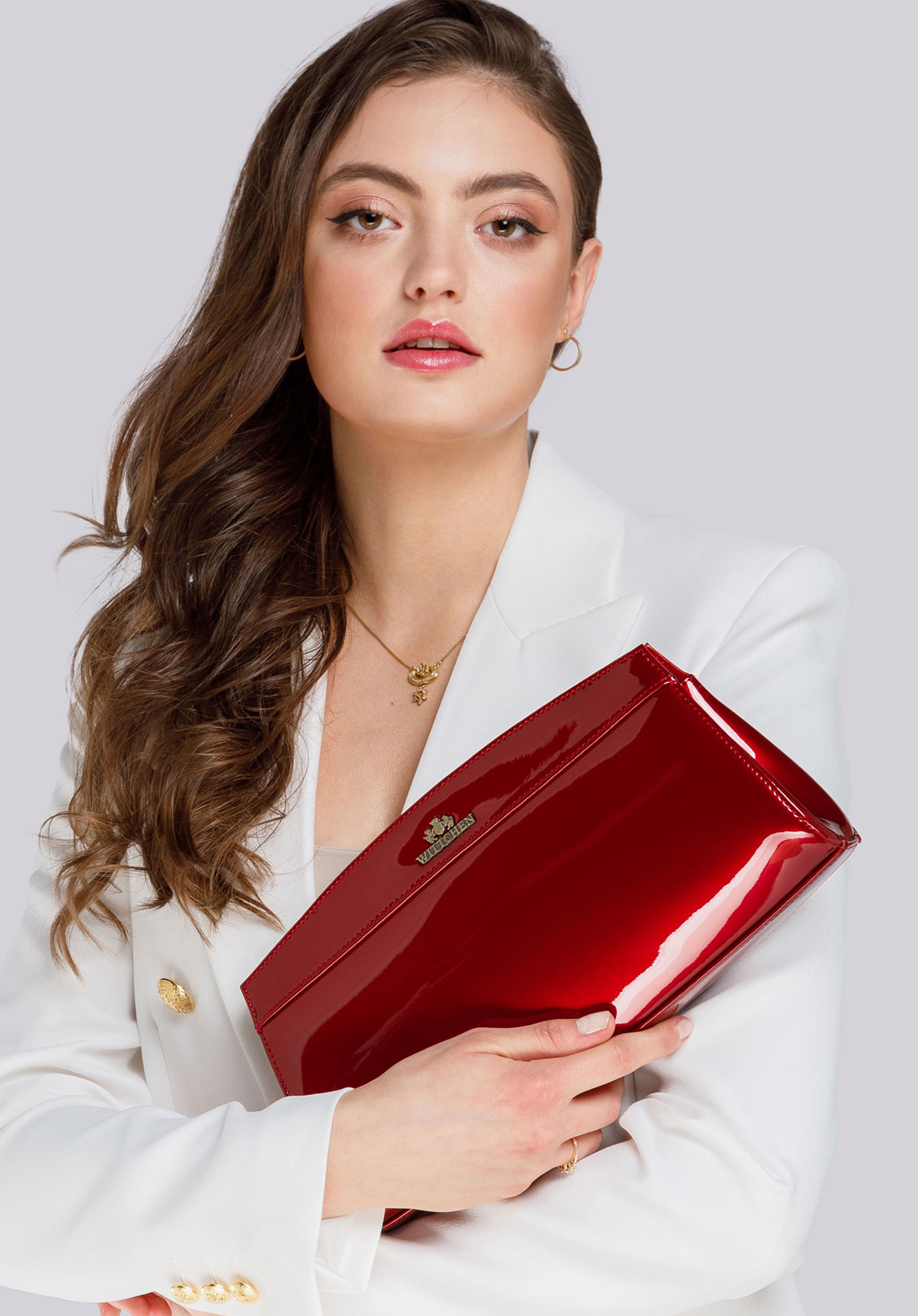 Wieczorowa torebka ze skóry lakierowanej trapezowa, czerwony, 25-4-516-3, Zdjęcie 1