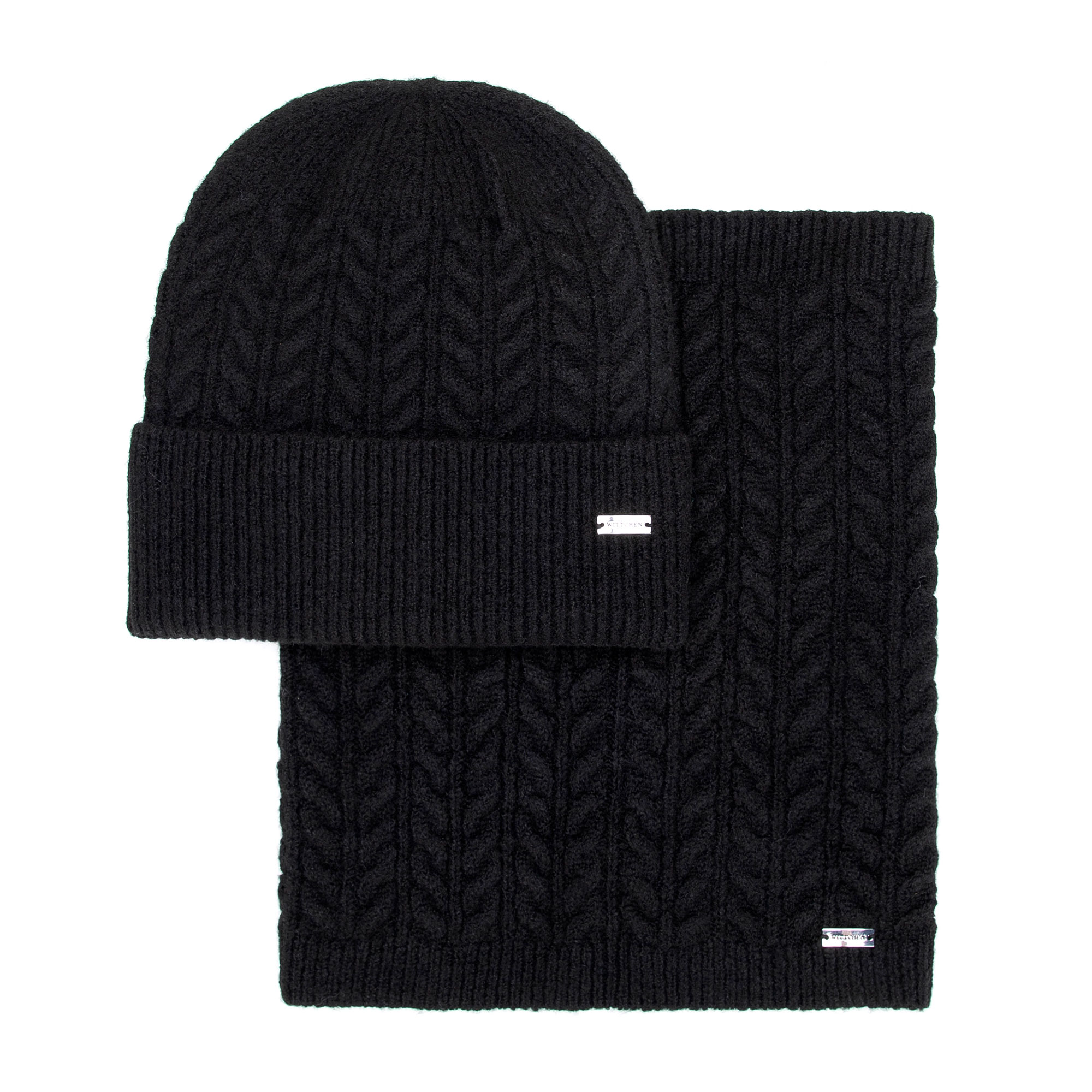 Dámsky čierny zimný set – čiapka a nákrčník s vrkočovým vzorom 101-SF-209-1