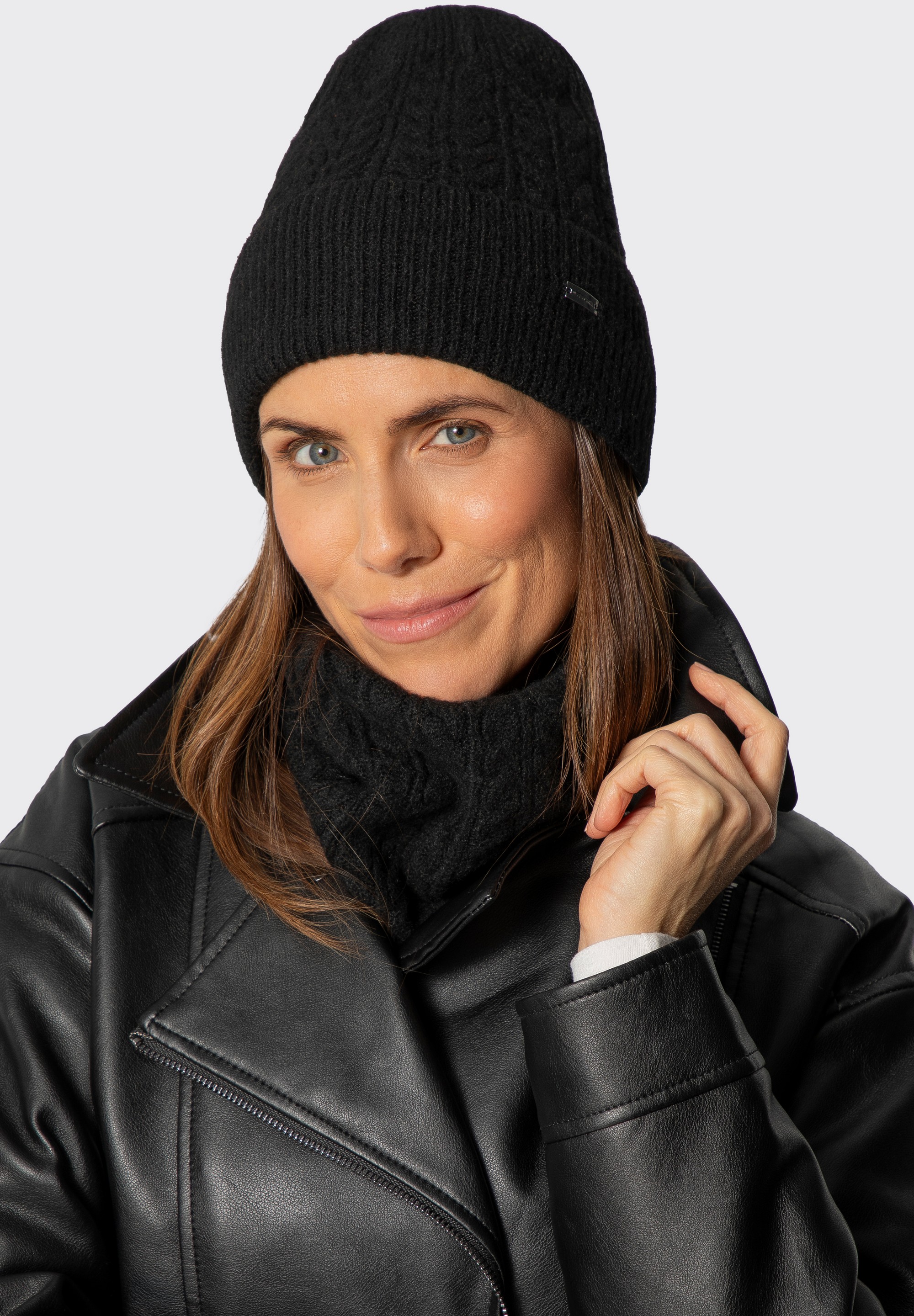 Women’s winter set – hat and snood with cable knit, black, 101-SF-209-1, Photo 1