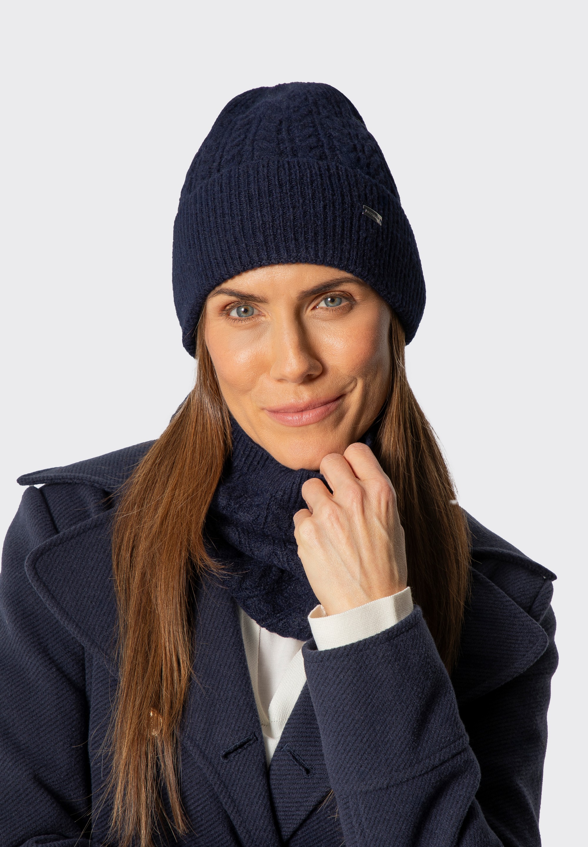 Women’s winter set – hat and snood with cable knit, navy blue, 101-SF-209-N, Photo 1