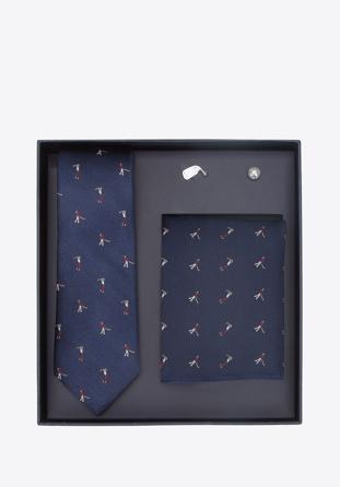 Patterned pocket square, cufflink and tie set, navy blue-burgundy, 91-7Z-003-X1D, Photo 1