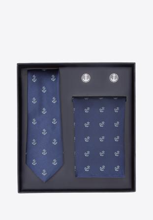 Patterned pocket square, cufflink and tie set, navy blue, 91-7Z-003-X2D, Photo 1