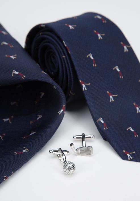 Patterned pocket square, cufflink and tie set, navy blue-burgundy, 91-7Z-003-X1D, Photo 6