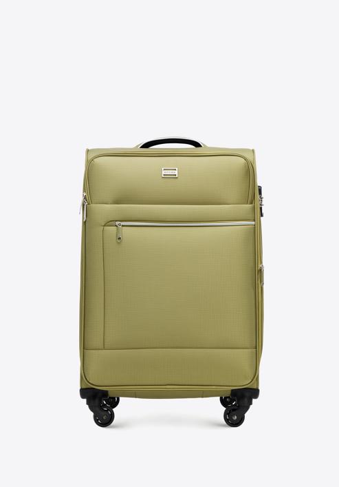 Średnia walizka miękka z błyszczącym suwakiem z przodu, zielony, 56-3S-852-80, Zdjęcie 1