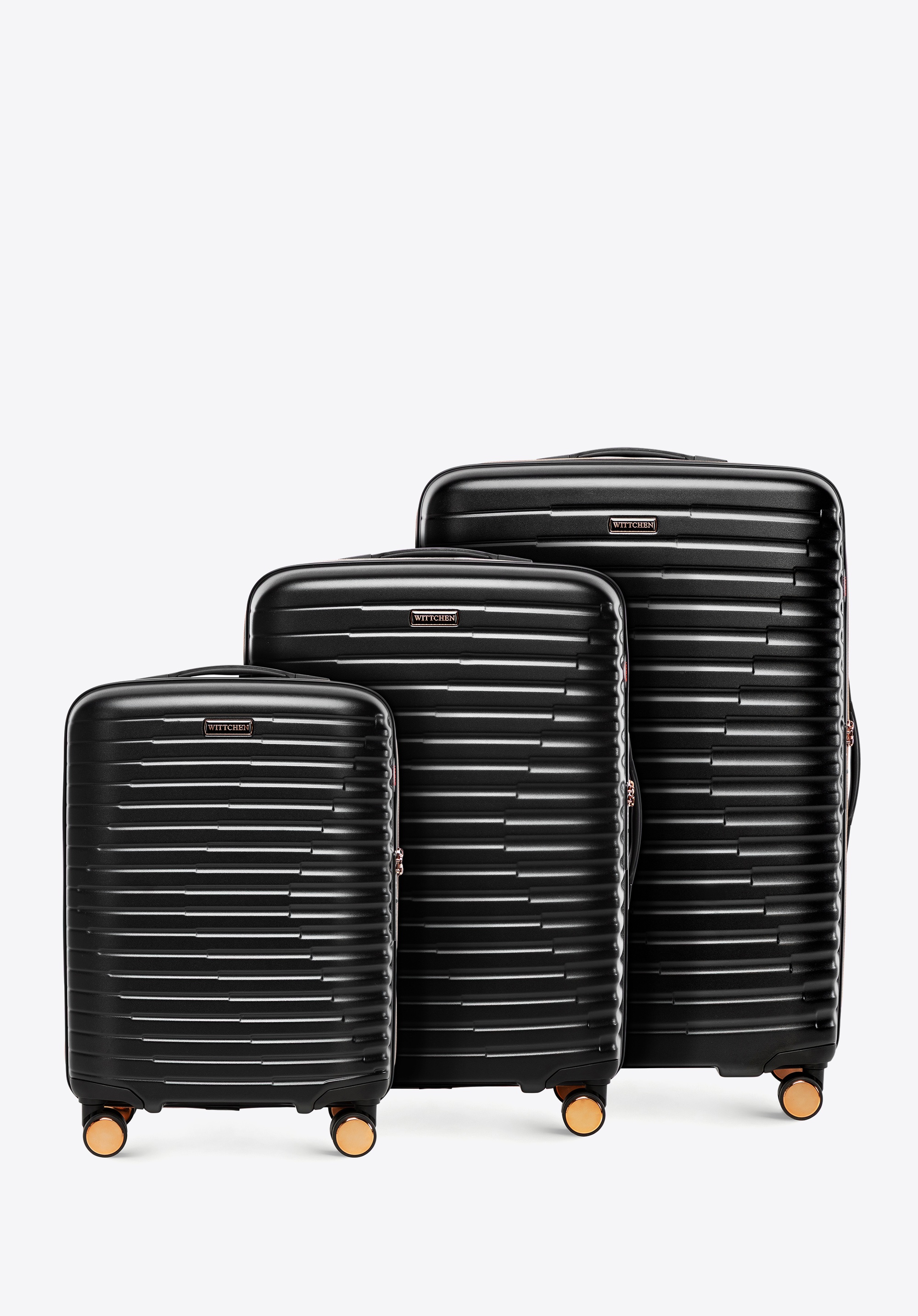Polycarbonate luggage set with horizontal grooves, black-gold, 56-3P-61S-10G, Photo 1